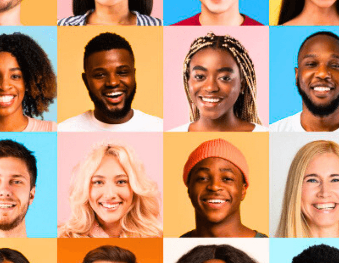 Community members smiling in a colorful portrait grid